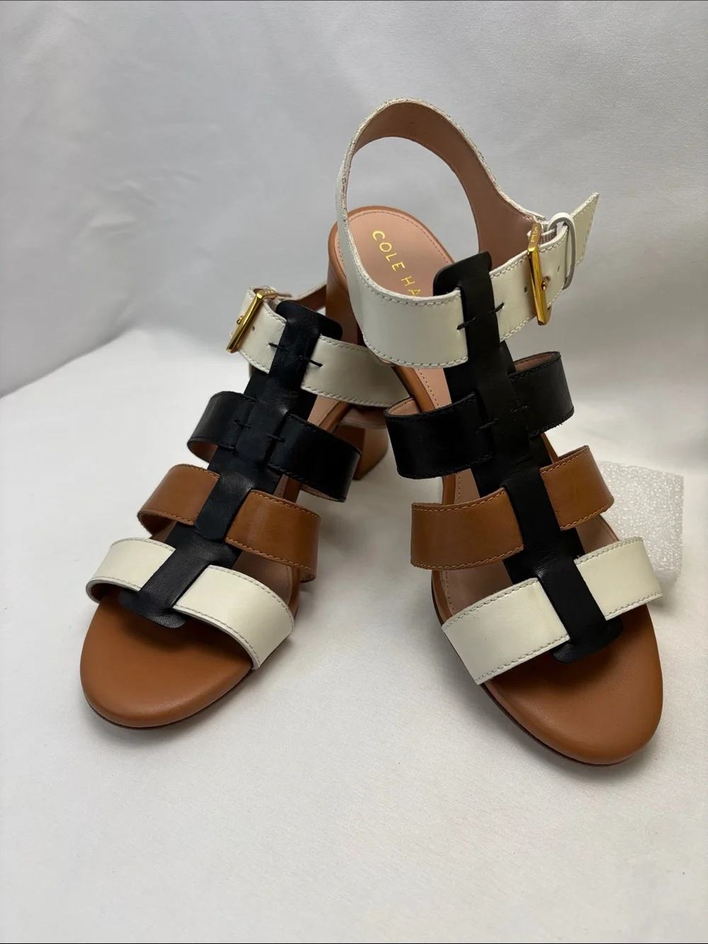 Cole Haan Women’s 9.5 Tri-Panel Leather Block Heel Sandals -Blk,Brn and Wht #462